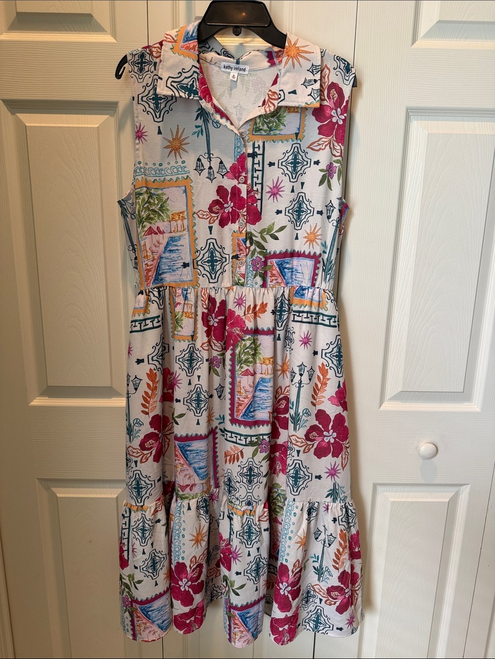 @ Kathy Ireland XL Sleeveless, Tiered Flounce Skirt Midi Dress with Fun Print